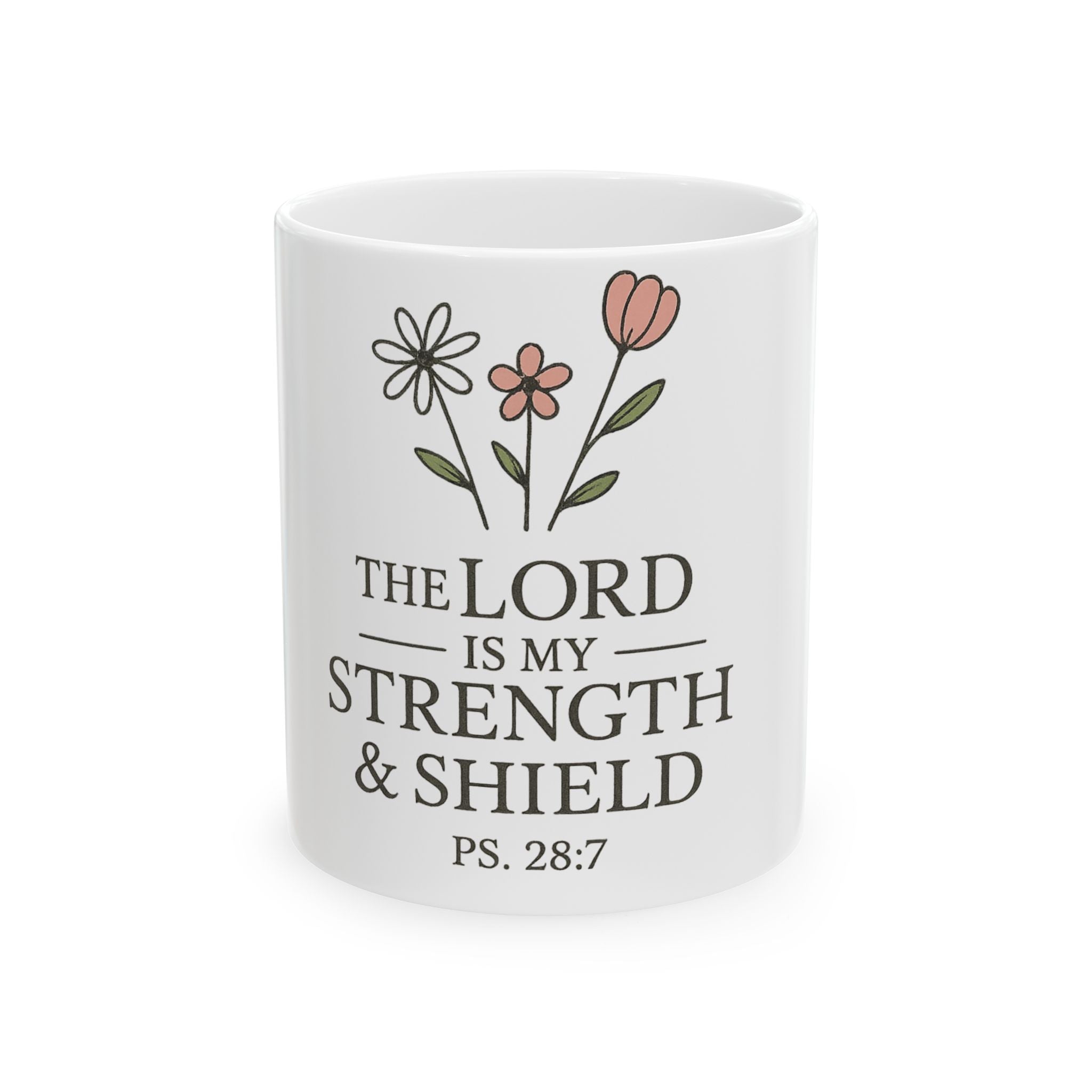 Inspirational Ceramic Mug - Floral Design with Bible Verse PS. 28:7, Motivational Gift, Home Decor, Coffee Tea Cup, Encouragement